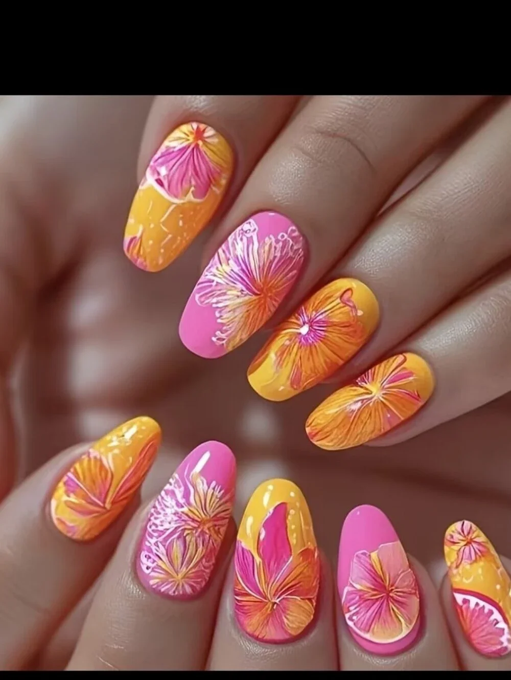 🔥3/$21 Tropical Pink & Yellow Floral Gel Nail Set